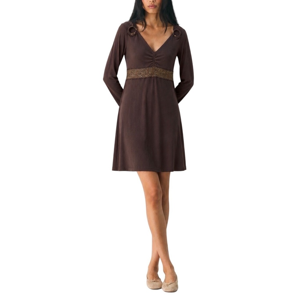 BCBG Max Azria Brown/Gold V-Neck Midi Dress